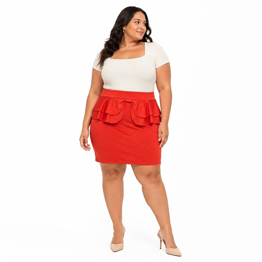 Hot Gal Vintage Ruffle Peplum Pencil Mini Skirt 2X Coral Orange Y2K Plus Size